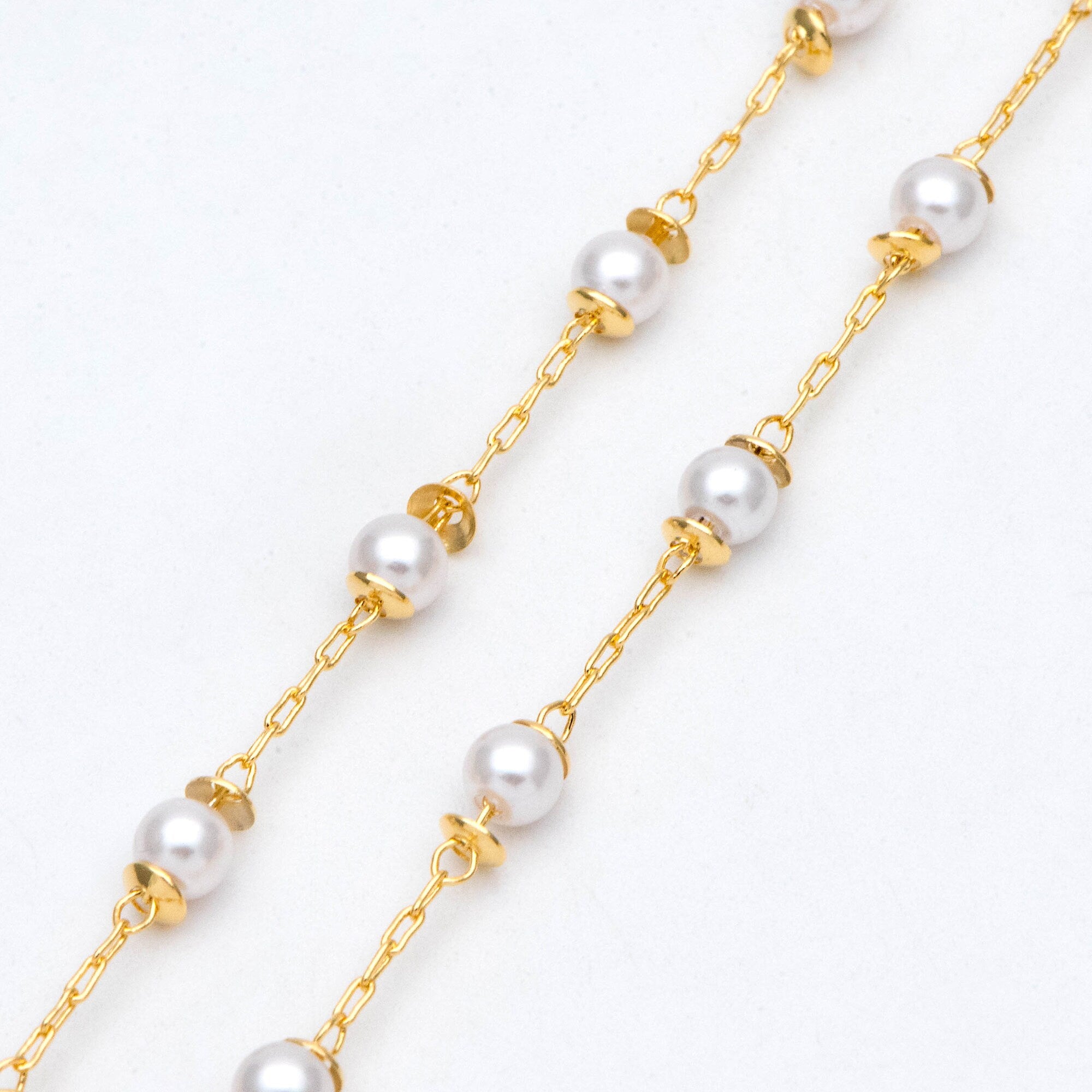 18K Gold Plated Faux Pearl Beaded Chain: 4mm Beads (LK-505)/ 1 Meter